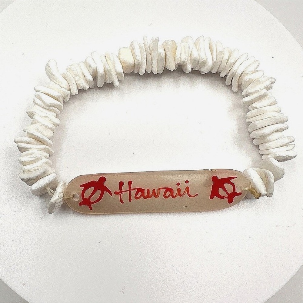 Vintage 90s‎ Hawaii Shell Heishe Bead Stretch Bracelet White Red Sea Turtle Honu